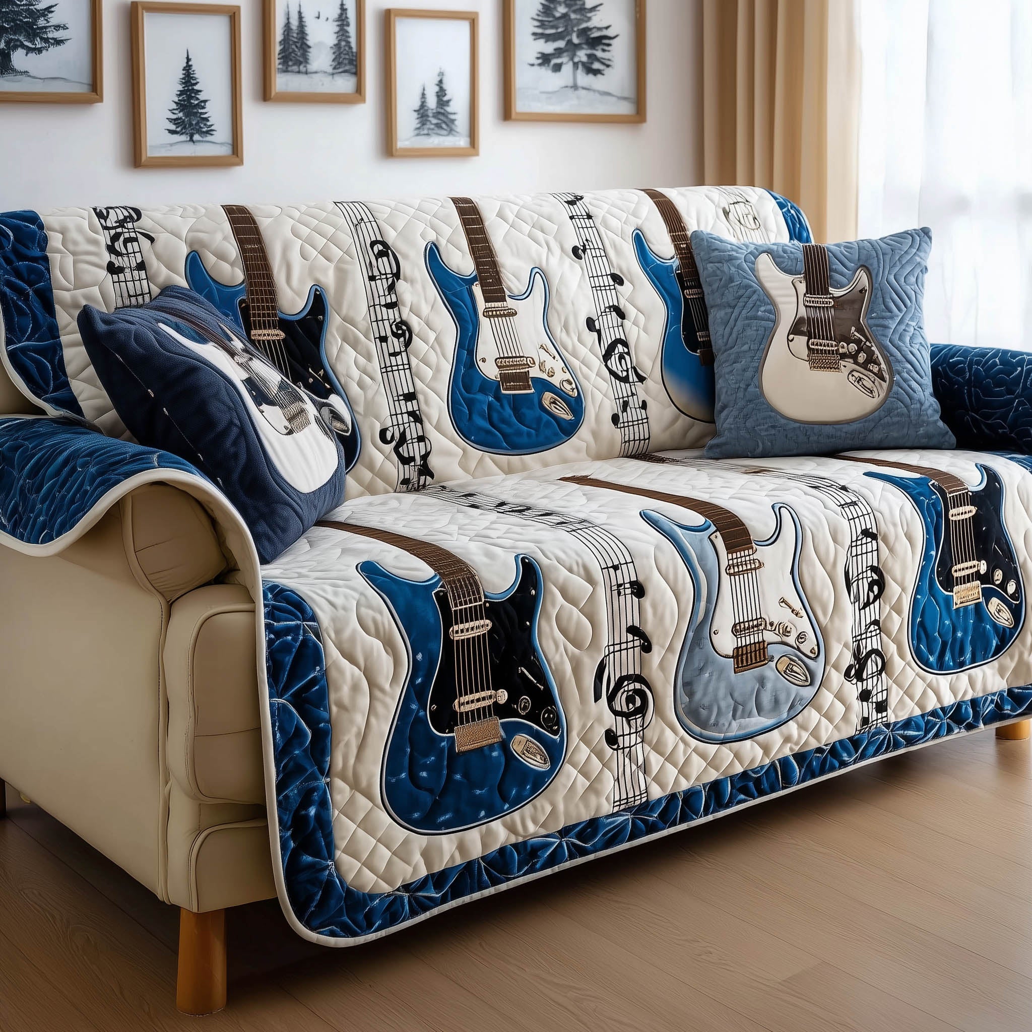 Melodic Guitar Quilted Sofa Cover Rhythm and Melody Instrument Motif Novelty Guitar Gifts