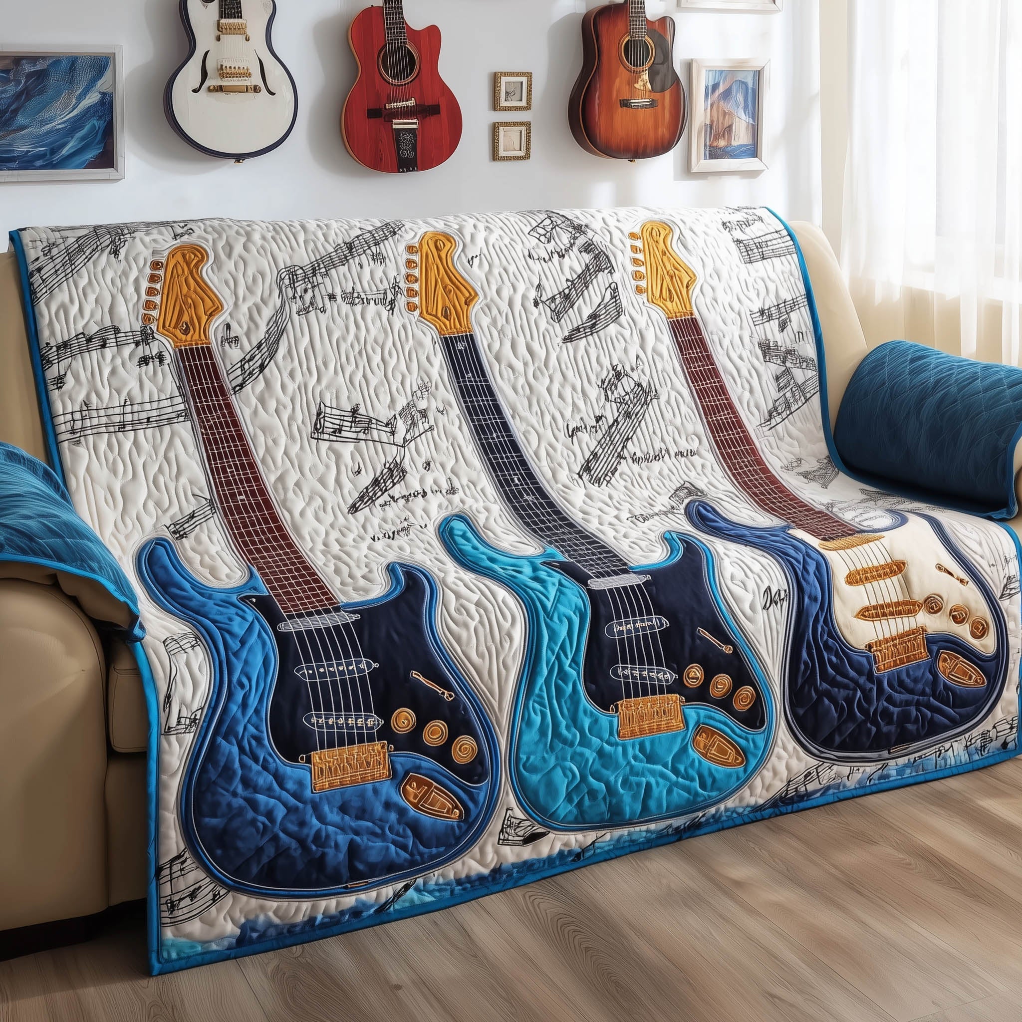 Melodic Guitar Quilted Sofa Cover Vibrant Musical Instrument Protector Novelty Guitar Gifts