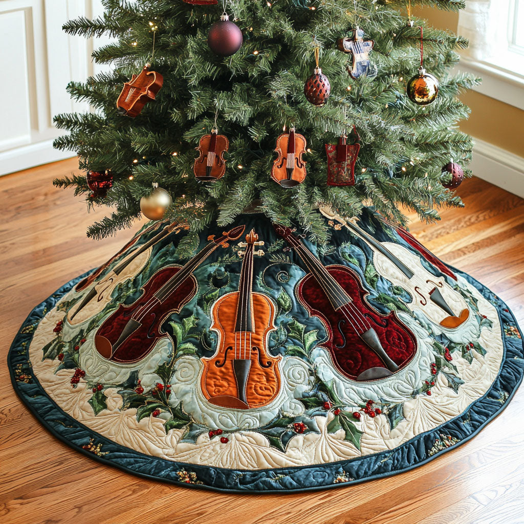 Melodic Harmony Quilted Christmas Tree Skirt Classic Red and White Tree Skirt for Traditional Decor