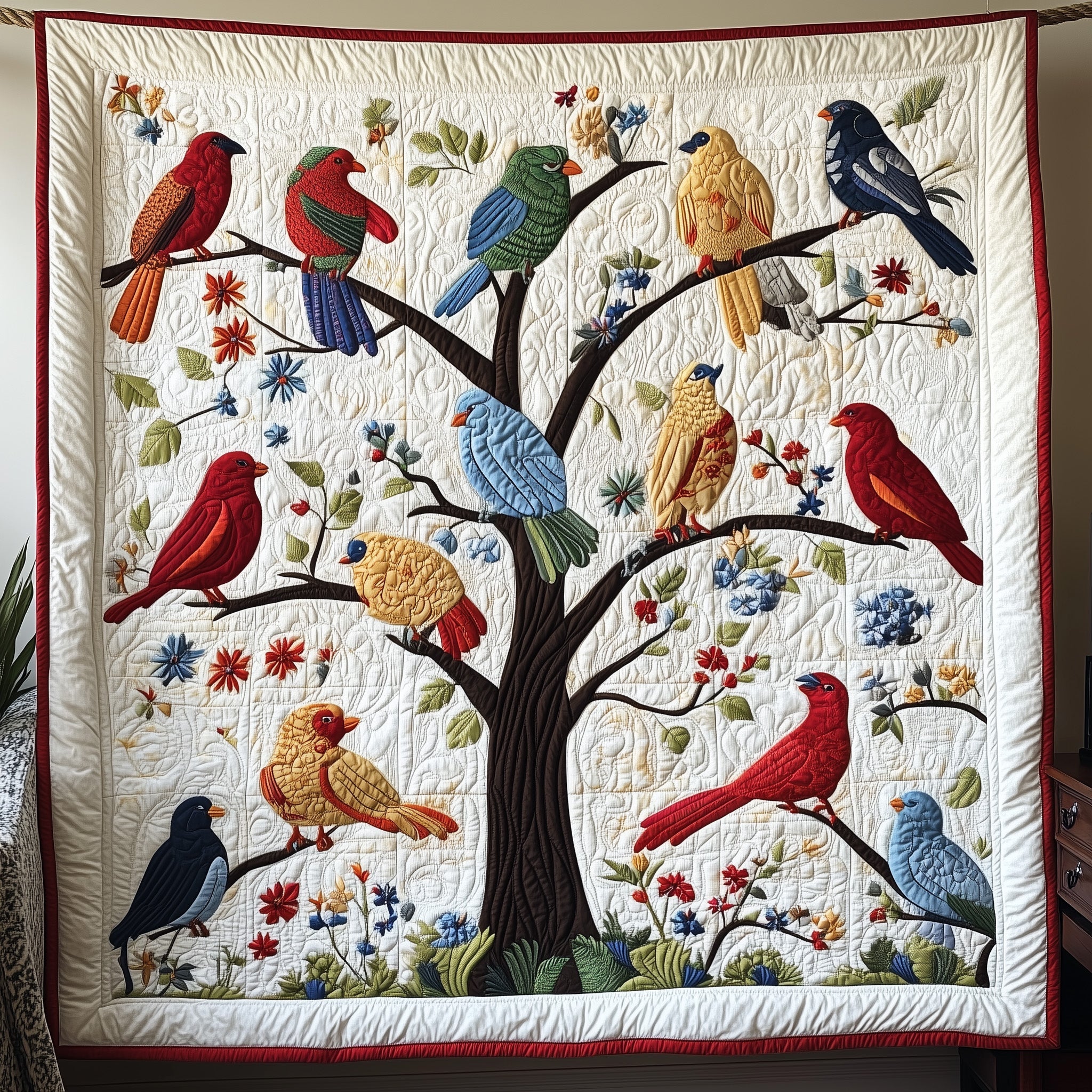 Melodies of Spring Quilted Blanket Cute Soft BlanketBird Lover Gift Basket