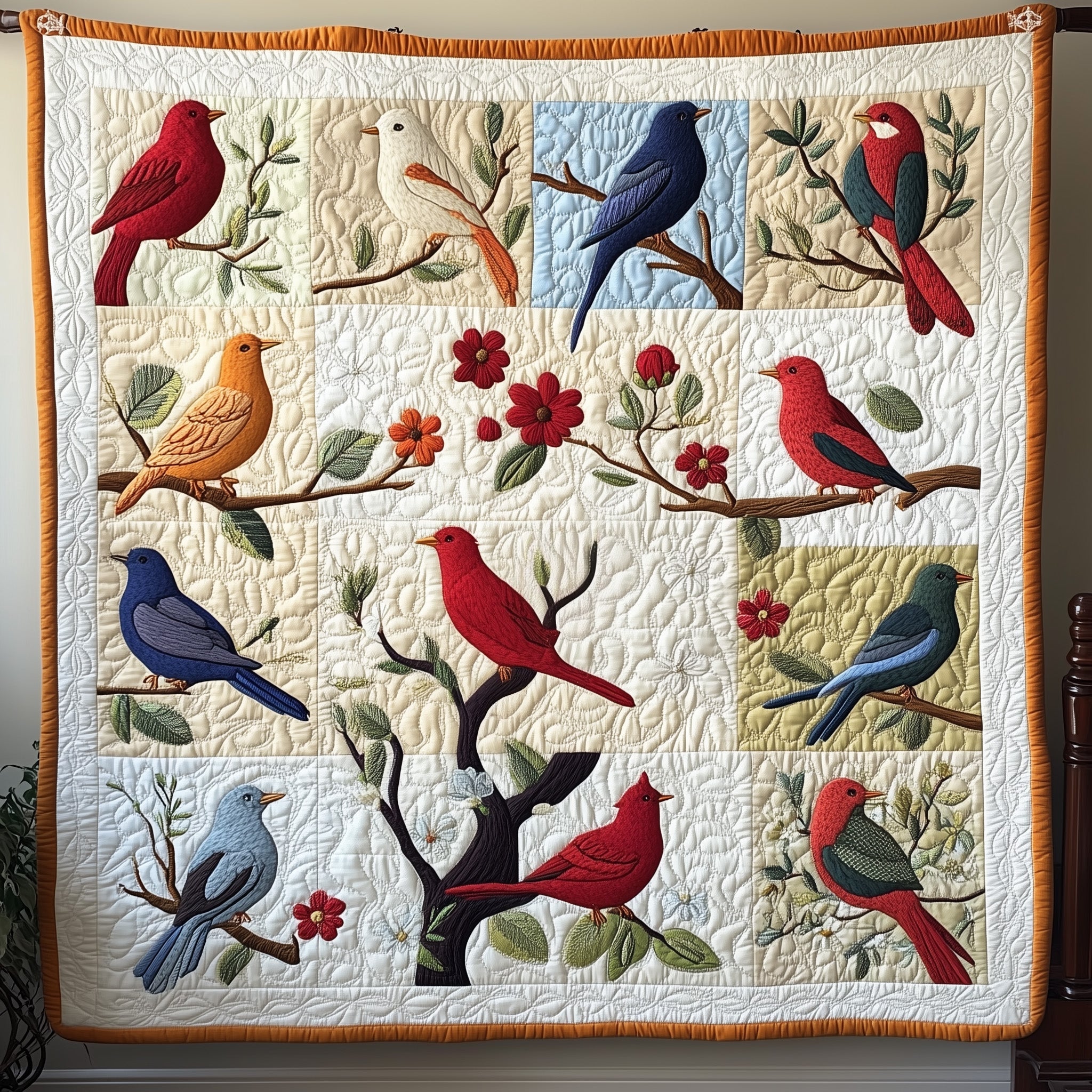 Melodies of Spring Quilted Blanket Cute Soft BlanketGifts For Backyard Bird Watchers