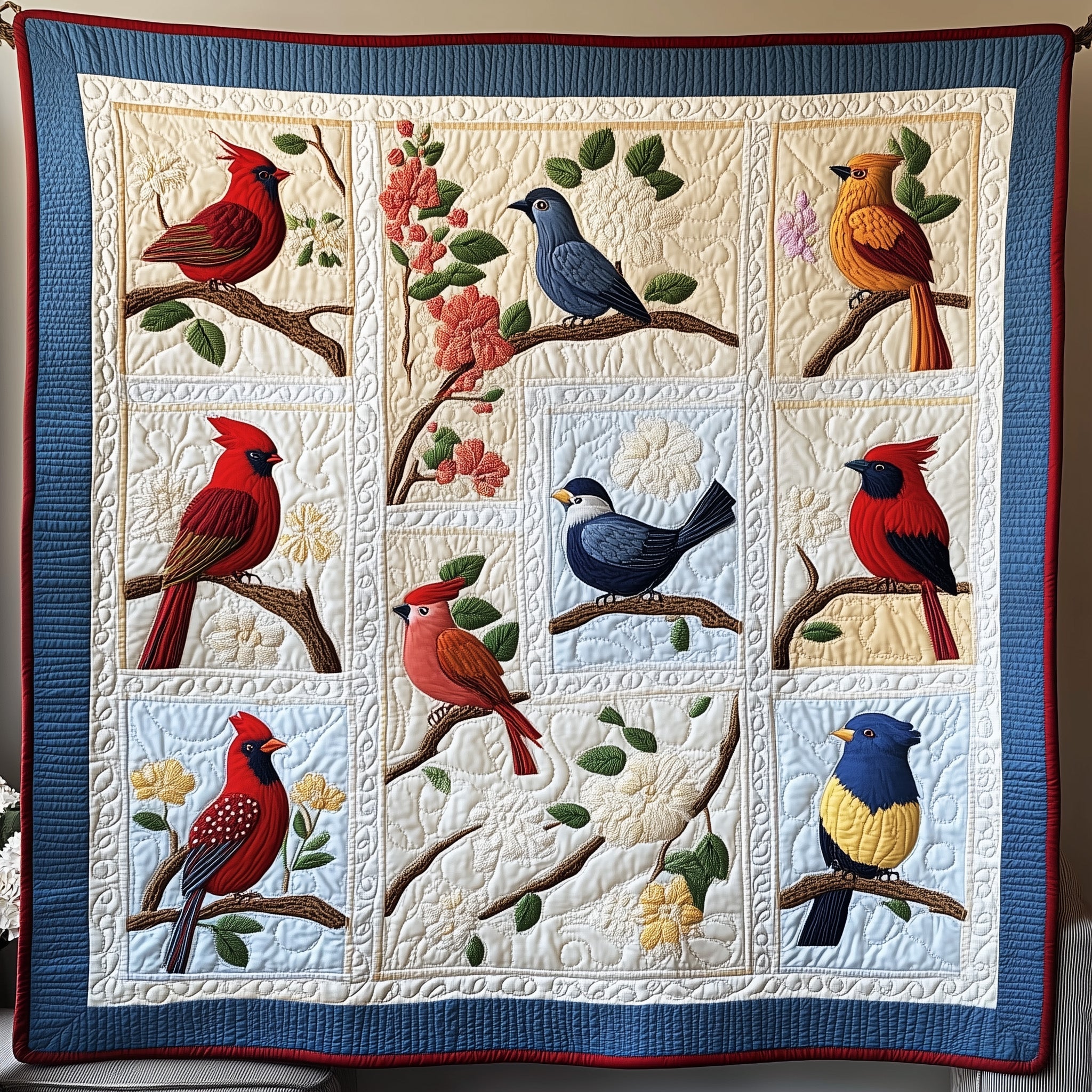 Melodies of Spring Quilted Blanket Cute Soft BlanketGifts For Backyard Birders