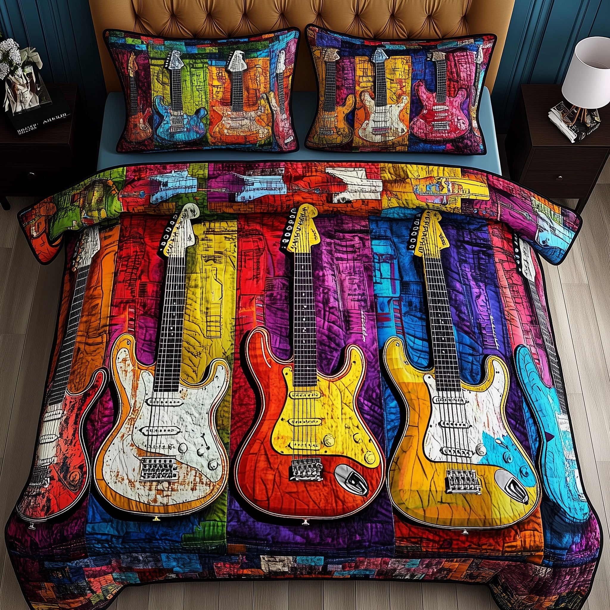 Melody Of Color Artistic Guitars Quilted Bedding Set Duvet Cover Bedspread Presents For Guitar Lovers