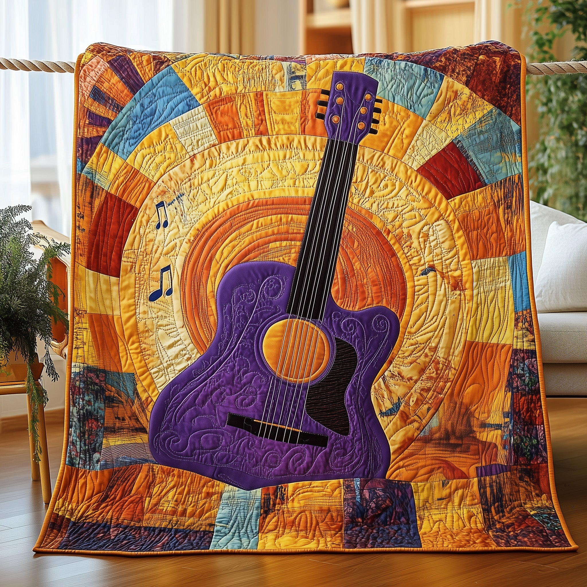 Melody of the Sun Quilted Blanket Cute Cozy BlanketBest Gifts For Guitar Lovers