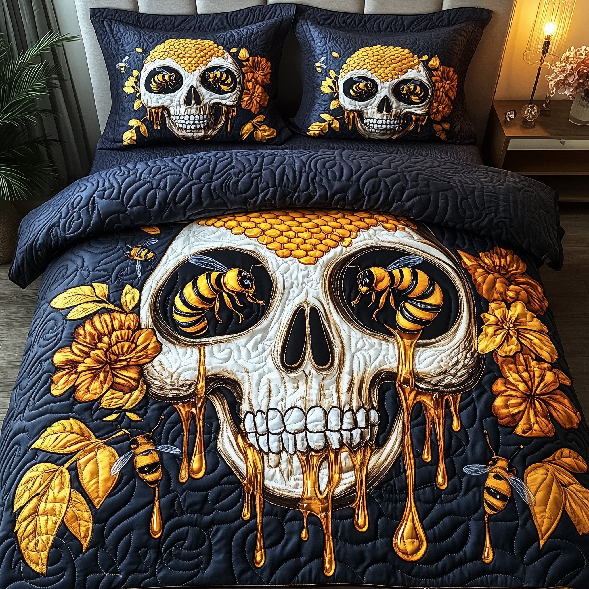Meltdown Skull Quilted Bedding Set Duvet Cover Merchandise Bee Themed Gifts For Him
