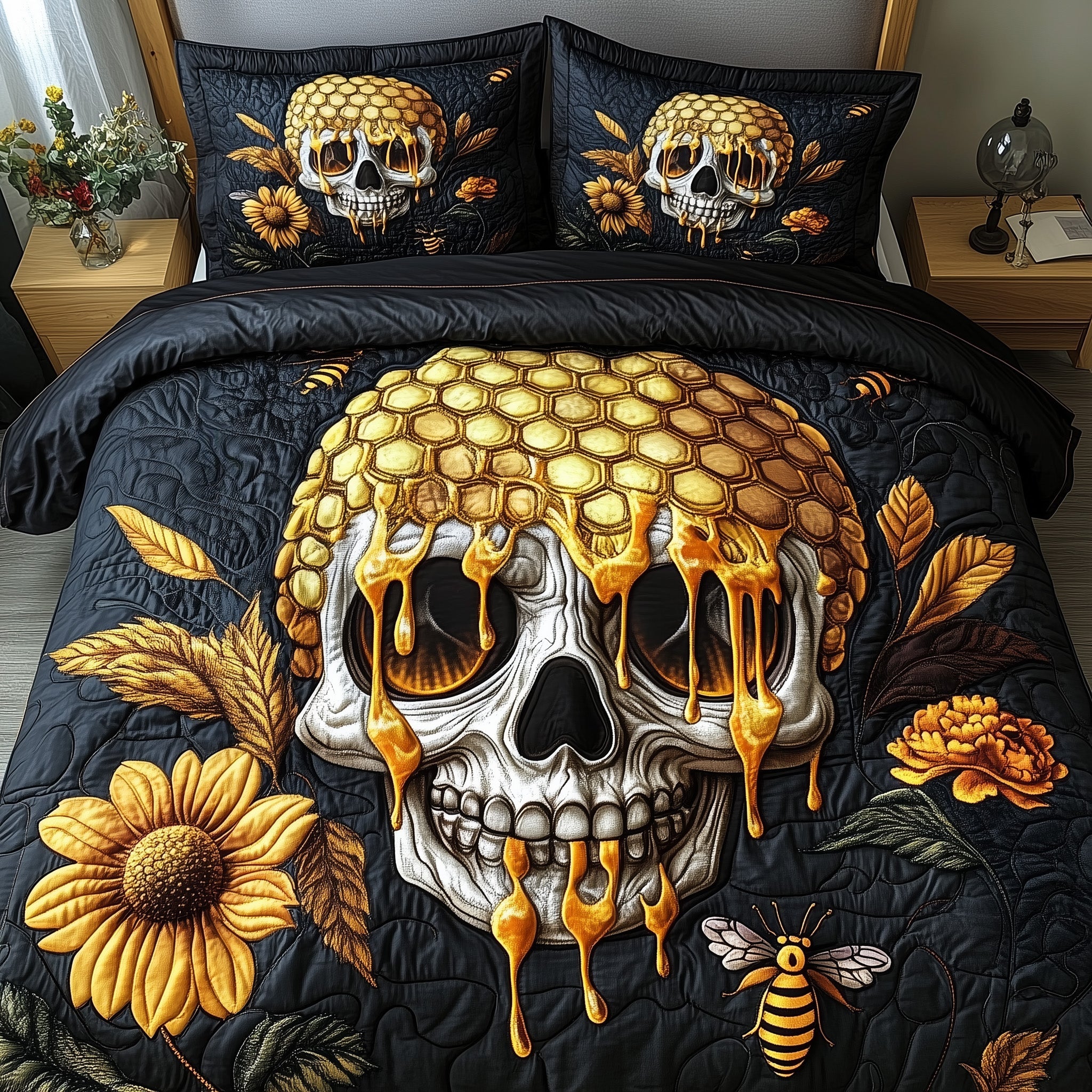 Meltdown Skull Quilted Bedding Set Duvet Cover Merchandise Presents For Bee Lovers