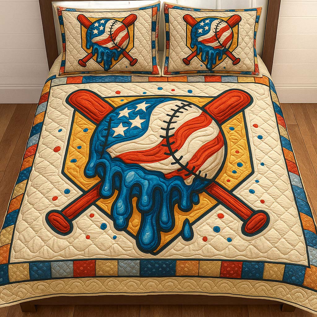 Melting Home Plate Quilted Bedding Set Patriotic Bedroom Decor Baseball Christmas Presents