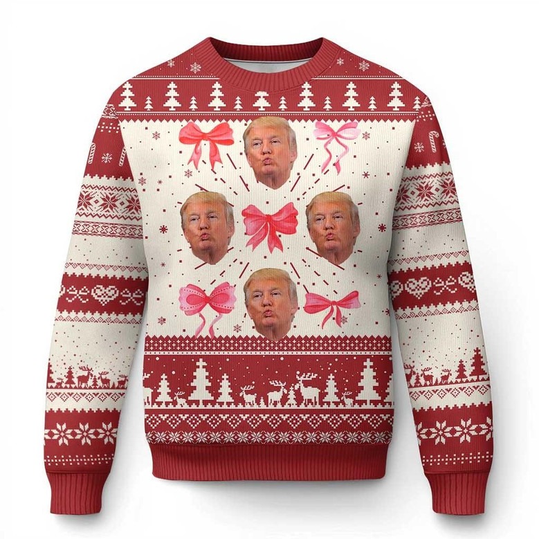 Meme Trump's Face And Bow Ugly Holiday Sweater Funny Jumper Gifts For President Supporter