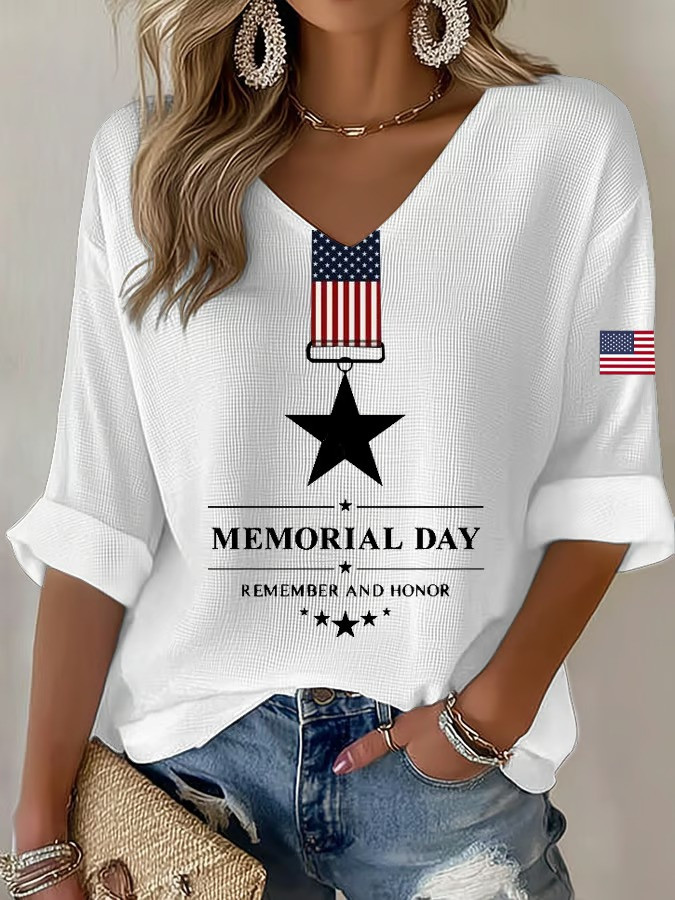 Memorial Day Long Sleeve V-Neck Shirt American Flag Star Tribute Patriotic Best Gift For Dad
