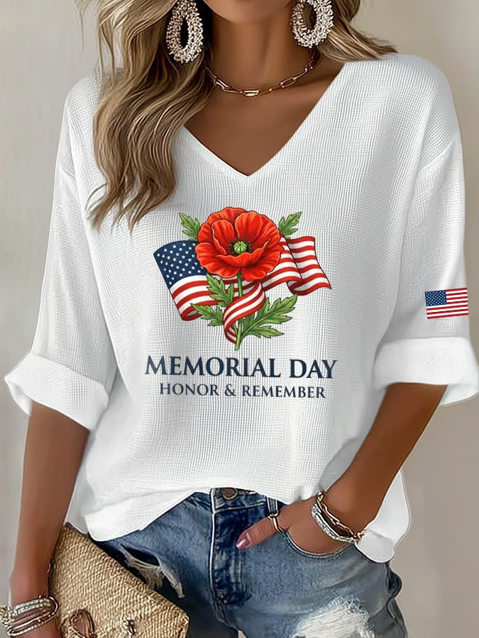 Memorial Day Long Sleeve V-Neck Shirt Honor Remember Poppy Tribute Patriotic Gift For Veteran