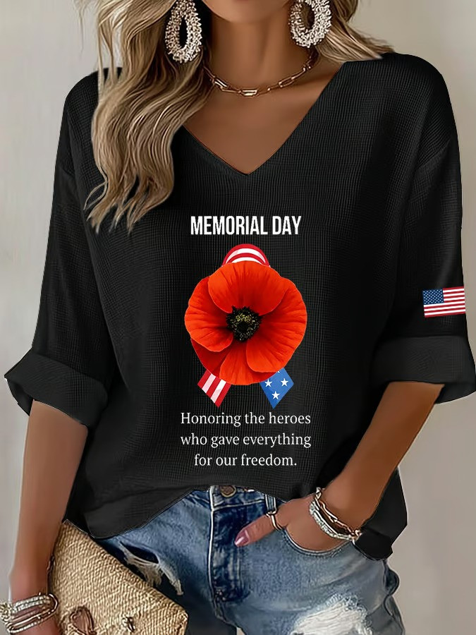 Memorial Day Long Sleeve V-Neck Shirt Honoring Heroes Poppy Tribute Patriotic Gift For Family