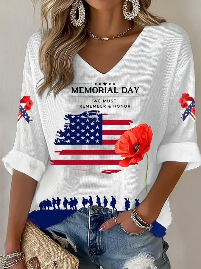 Memorial Day Long Sleeve V-Neck Shirt Poppy Flag Tribute Patriotic Fan Gear Gift For Veteran