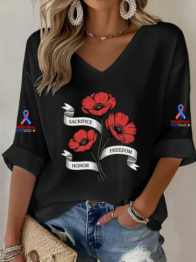 Memorial Day Long Sleeve V-Neck Shirt Sacrifice Honor Poppy Tribute Patriotic Gift For Veteran