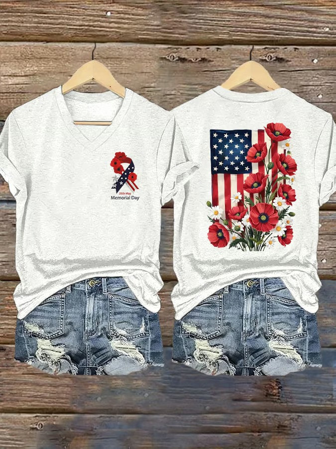 Memorial Day V-Neck Shirt Poppy Ribbon Flag Tribute Patriotic Fan Gear Gift Ideas For Dad
