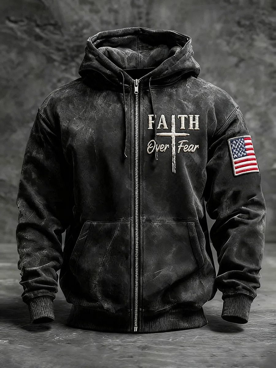 Men Faith Over Fear Zip Hoodie Christian Apparel Graphic Hoodies Best Gift For Believers