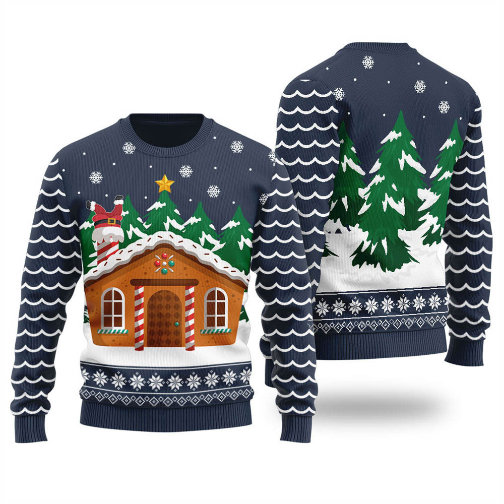 Men Navy Vintage Gingerbread House Christmas Sweater Classic Holiday Sweater for Festive Looks