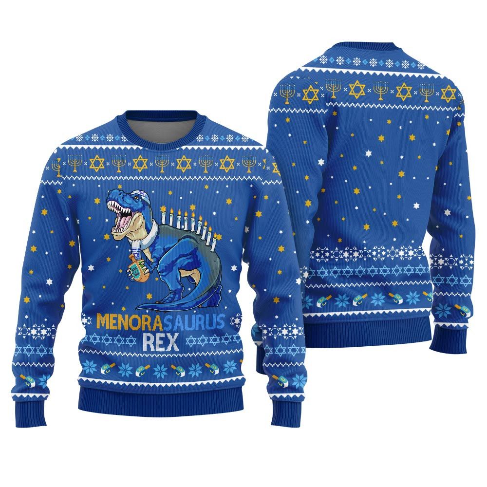 Menorasaurus Rex Mens Hanukkah Sweater Funny Holiday Sweater for Family Gatherings