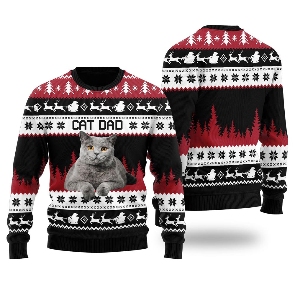 Mens Cat Dad Custom Ugly Christmas Sweater Black Funny Christmas Sweaters