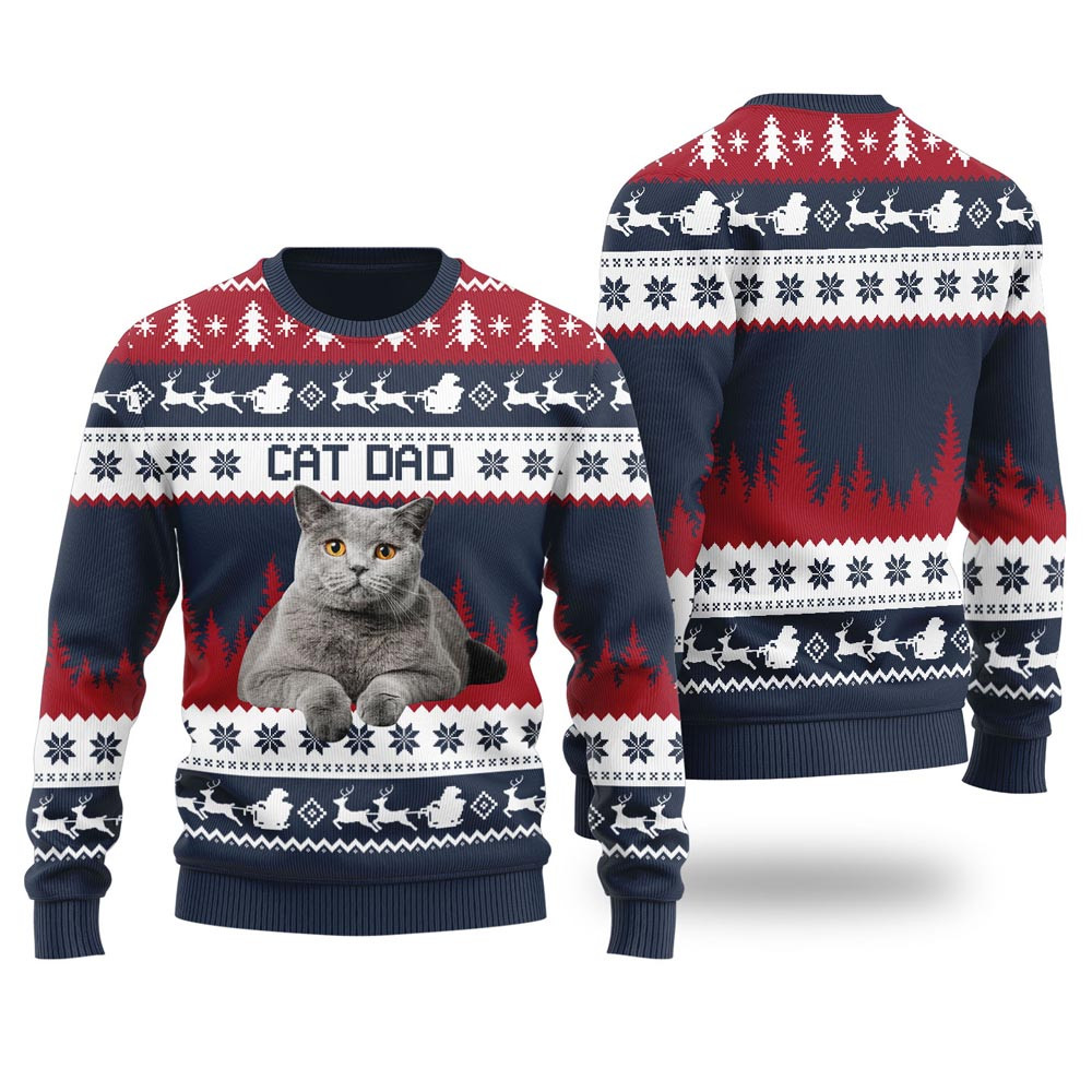 Mens Cat Dad Custom Ugly Christmas Sweater Navy Xmas Sweaters For Family