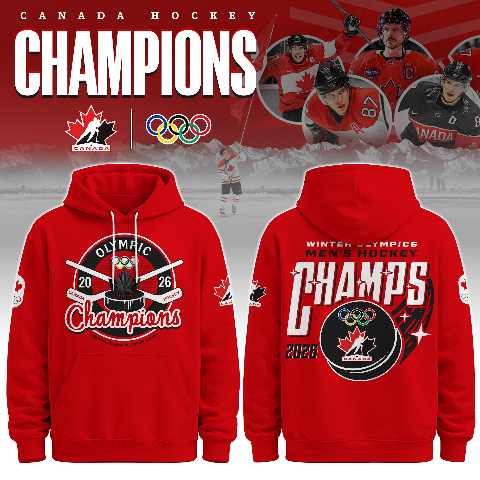 Men's Hockey Milano Cortina Olympics Champions 2026 Hoodie Team Canada Hockey Apparel
