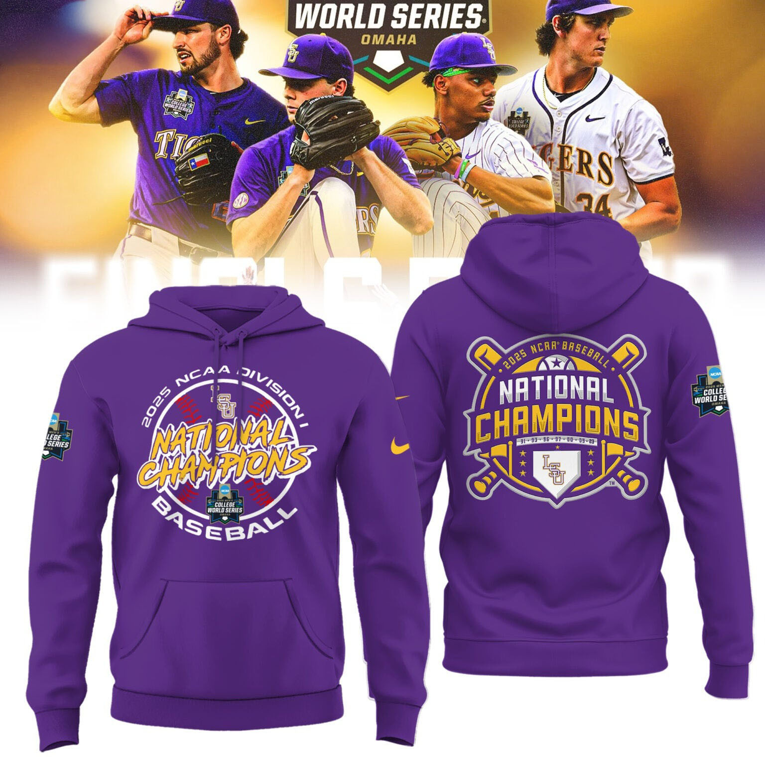 Men's LSU Tigers 2025 NCAA Baseball College World Series Champions Hoodie Cool Baseball Gifts