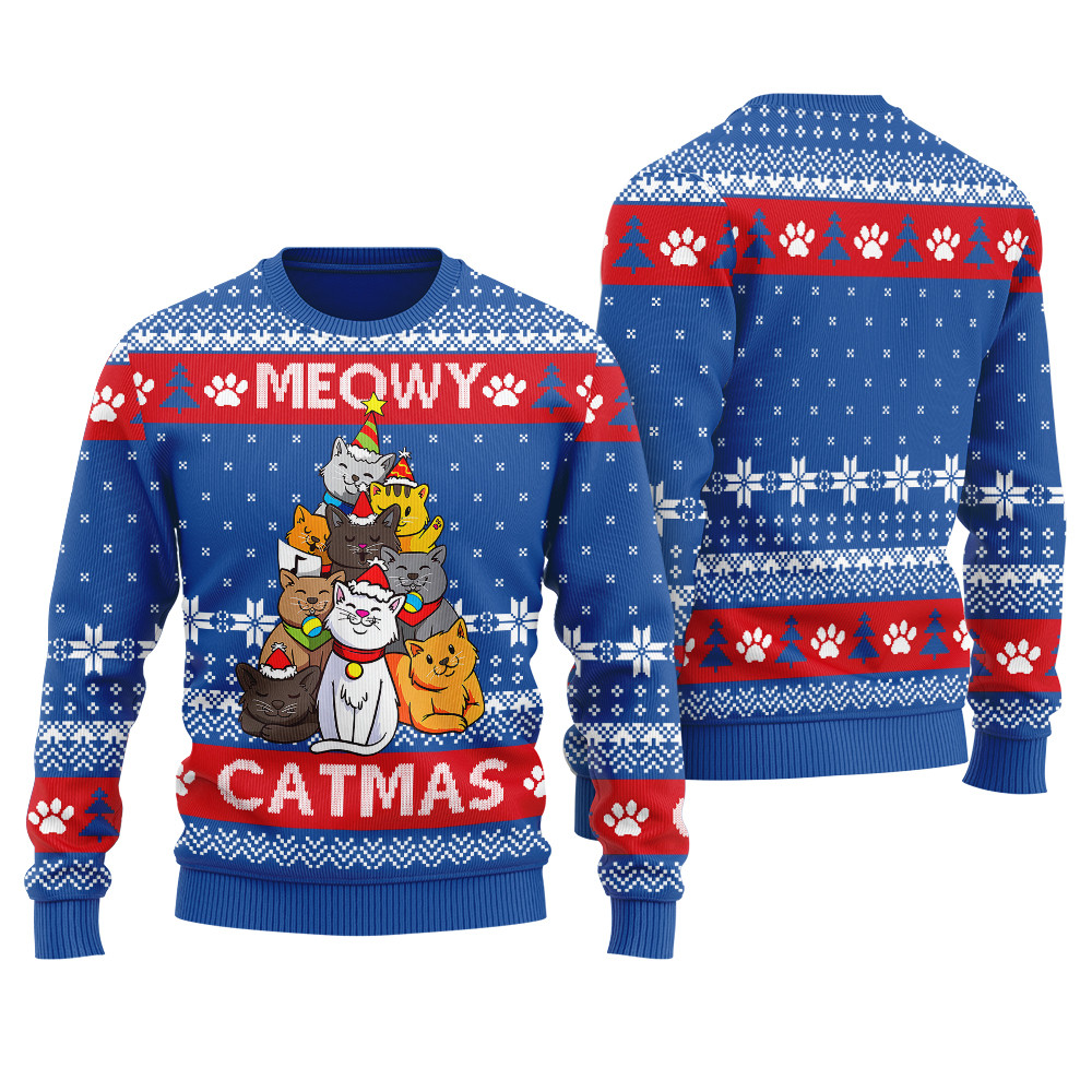 Mens Meowy Christmas Ugly Sweater Cozy Christmas Sweater for Holiday Season
