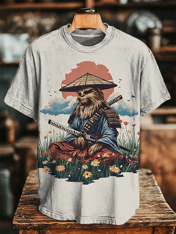 Men's Monkey Warrior In Meditation Flower Art Print T-Shirt Monkey Lovers Gifts