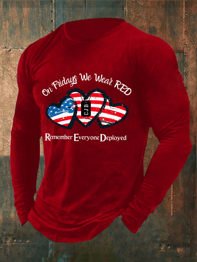 Men's On Fridays We Wear Red Printed Long Sleeve Shirt Patriotic Outfit For Red Friday