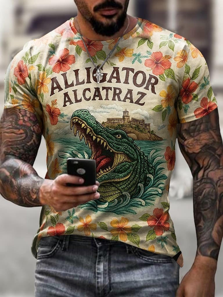 Men's Retro Alligator Alcatraz Funny Florida Everglades Dark Humor Patoitic Print T-Shirt