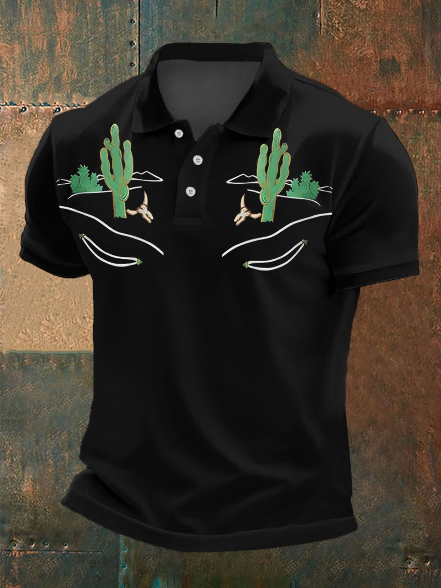Men's Retro Western Bull Skull Desert Cactus Polo Shirt Gifts For Dad