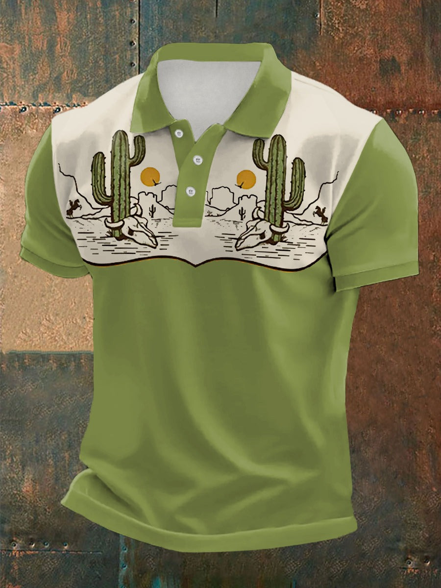 Men's Retro Western Bull Skull Desert Cactus Polo Shirt Gifts For Husband