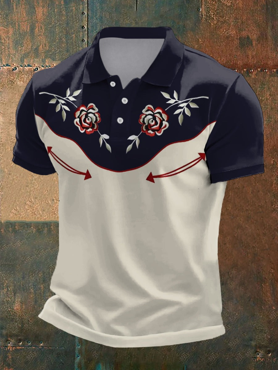 Men's Retro Western Floral Print Polo Shirt Present For Husband
