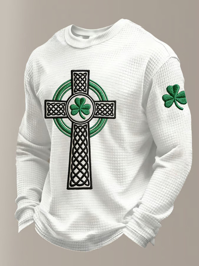 Men's St Patrick's Day Shamrock Celtic Knot Cross Print Long Sleeve T Shirt Festive Irish Gifts