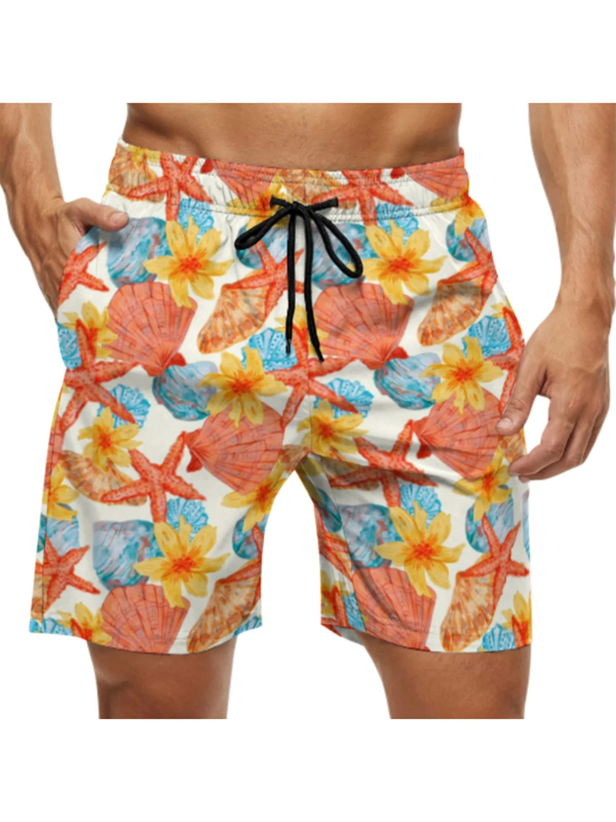 Men's Swim Trunks Hawaiian Starfish Shell Beach Shorts with Pockets