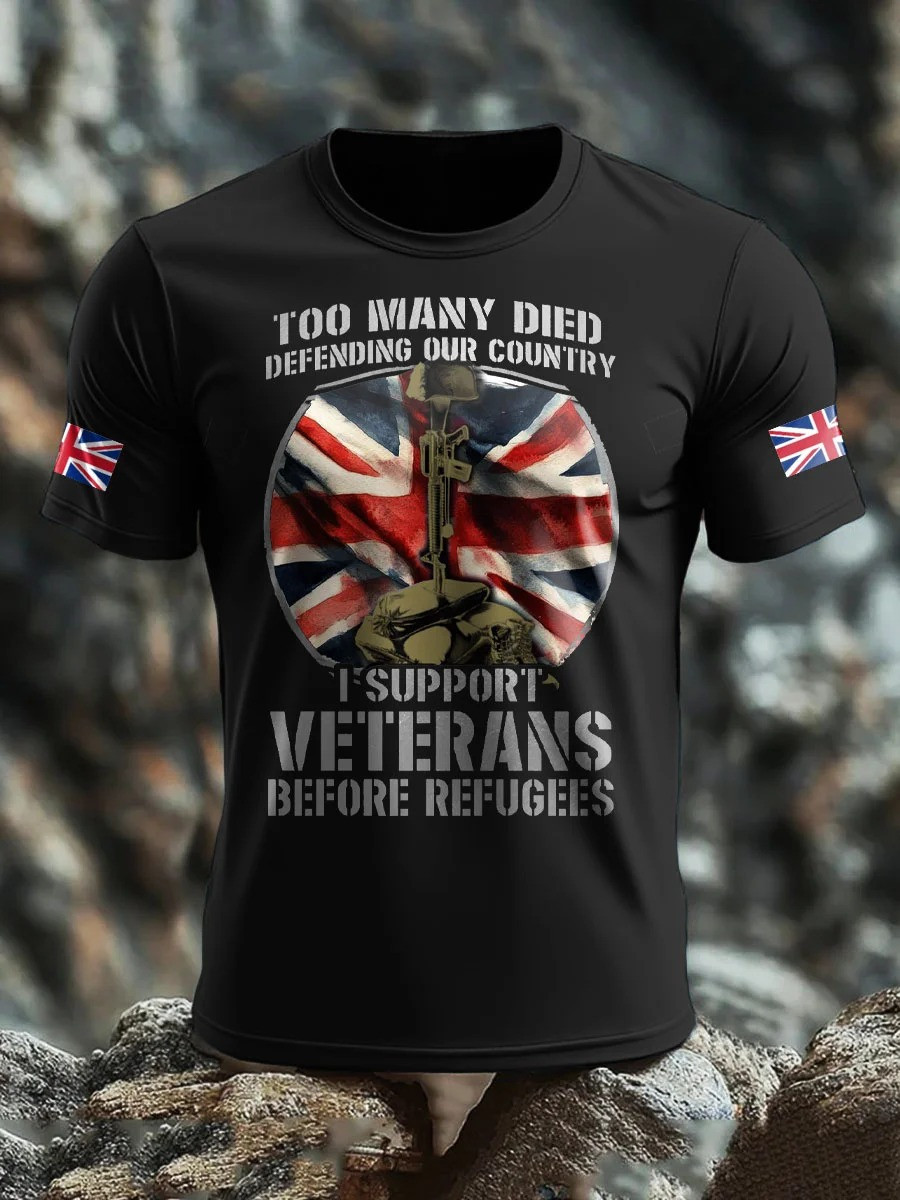 Men's UK Flag Immigration Veterans Before Refugees Printed T-shirt Gift For Patriotic,Proud Military Veterans