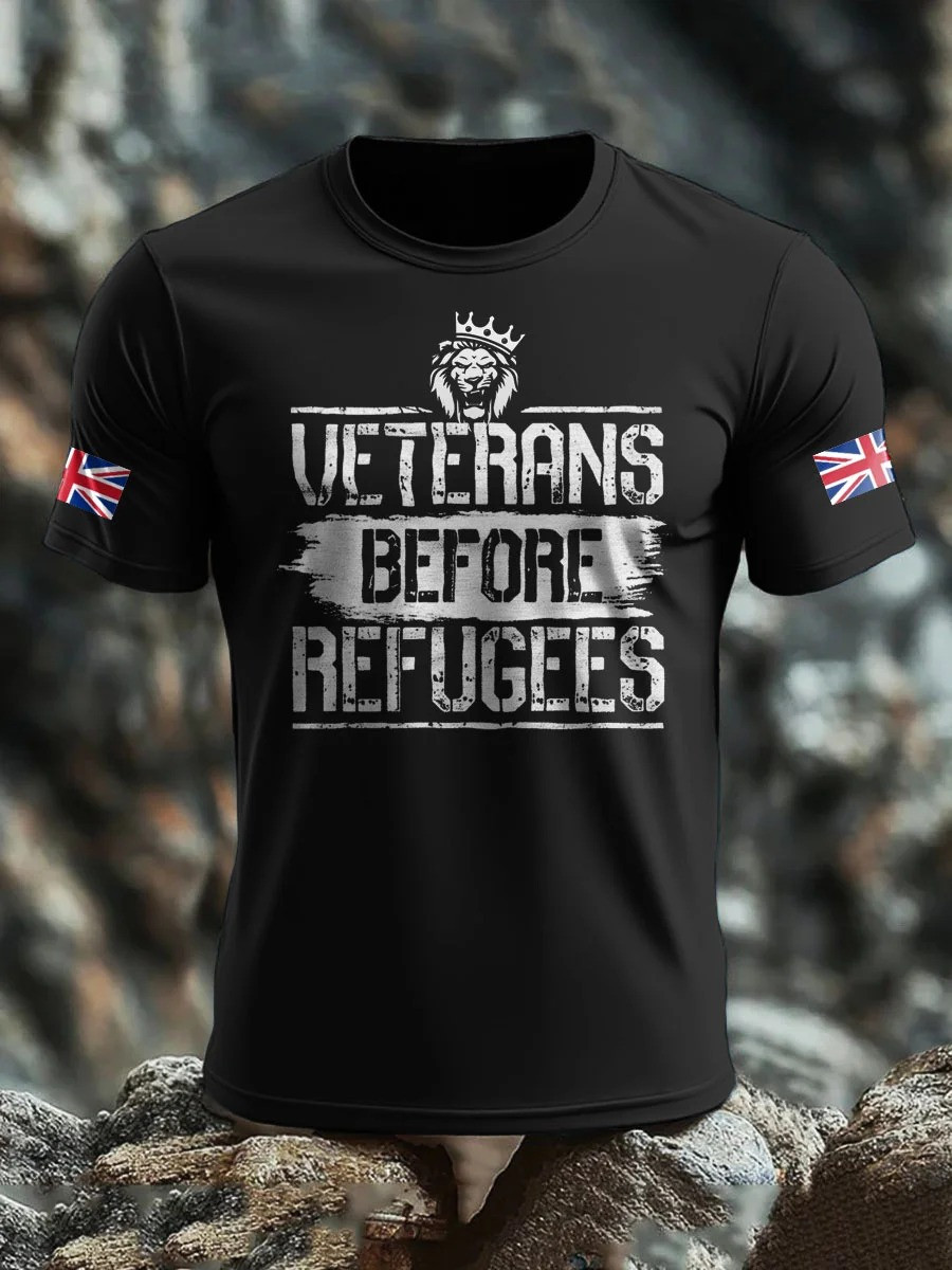 Men's UK Flag Immigration With Lion Veterans Before Refugees Printed T-shirt Gift For Patriotic, Proud Military Veterans