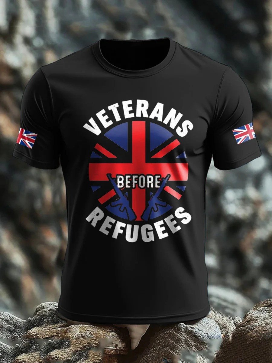 Men's UK Flag Stop Illegal Immigration Printed T-shirt Gift For Patriotic, Military, Proud Military Navy