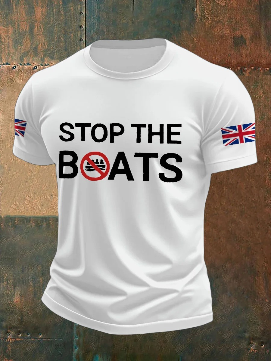 Men's UK Flag Stop The Boats Printed T-shirt Gift For Patriotic, Proud Military Veterans