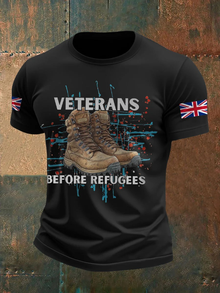 Men's UK Immigration Veterans Before Refugees Printed T-shirt Gift For Patriotic, Military, Proud Military Navy