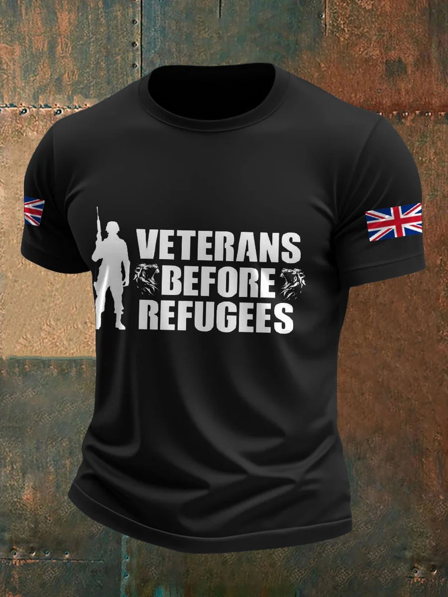 Men's UK Immigration Veterans Before Refugees Printed T-shirt Gift For Patriotic, Proud Military