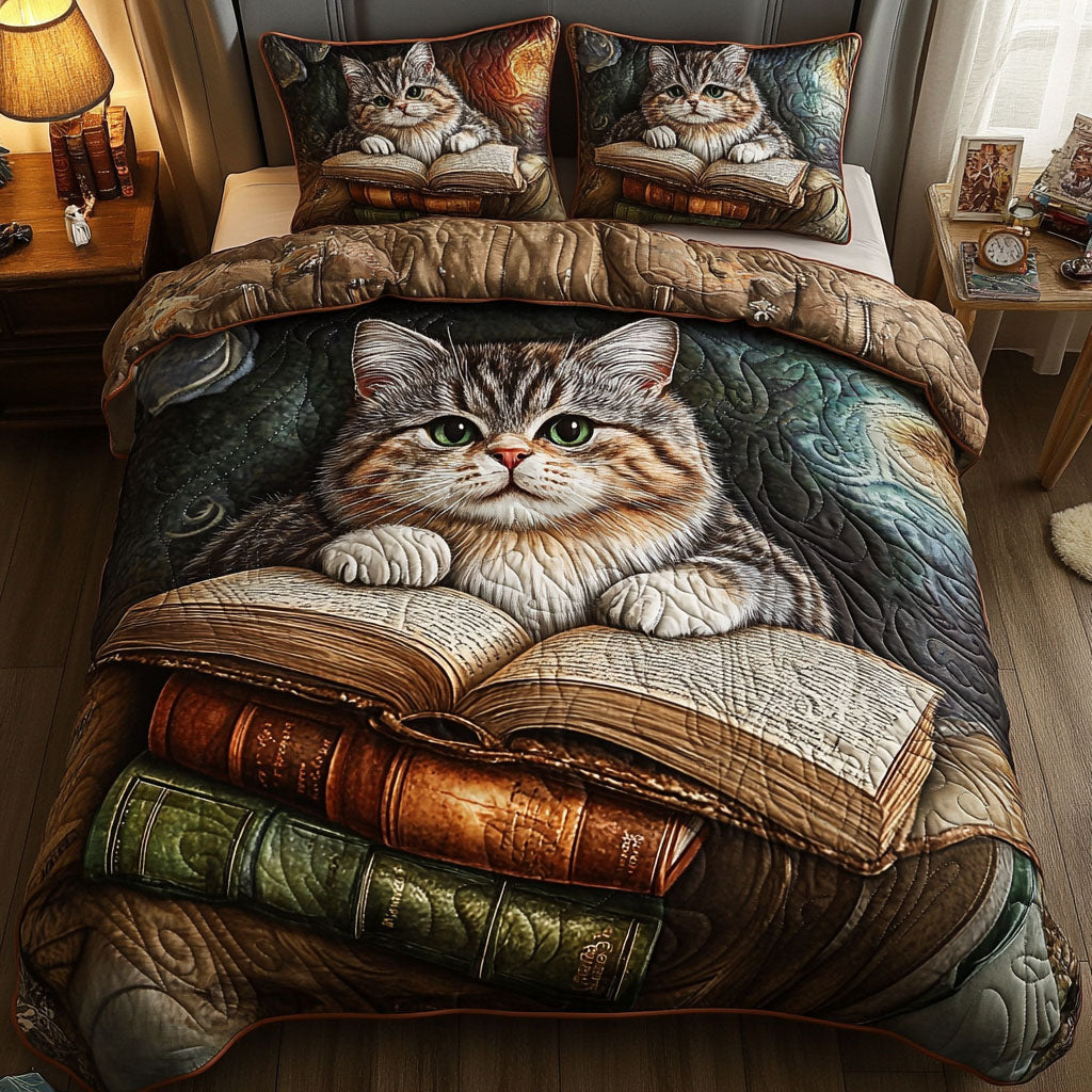 Meow and Manuscripts Quilted Bedding Set Holiday Duvet Cover Set Gifts For Book Lovers Friends