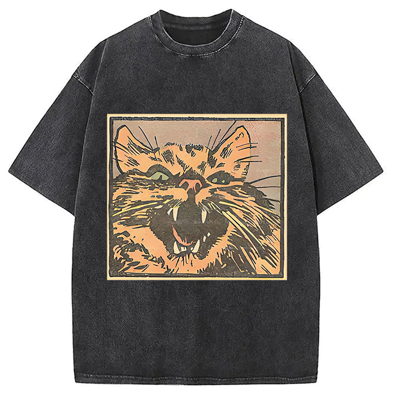 Meow Kitty Cat Washed T-Shirt Cool Urban Street Style Shirt Gifts For Him