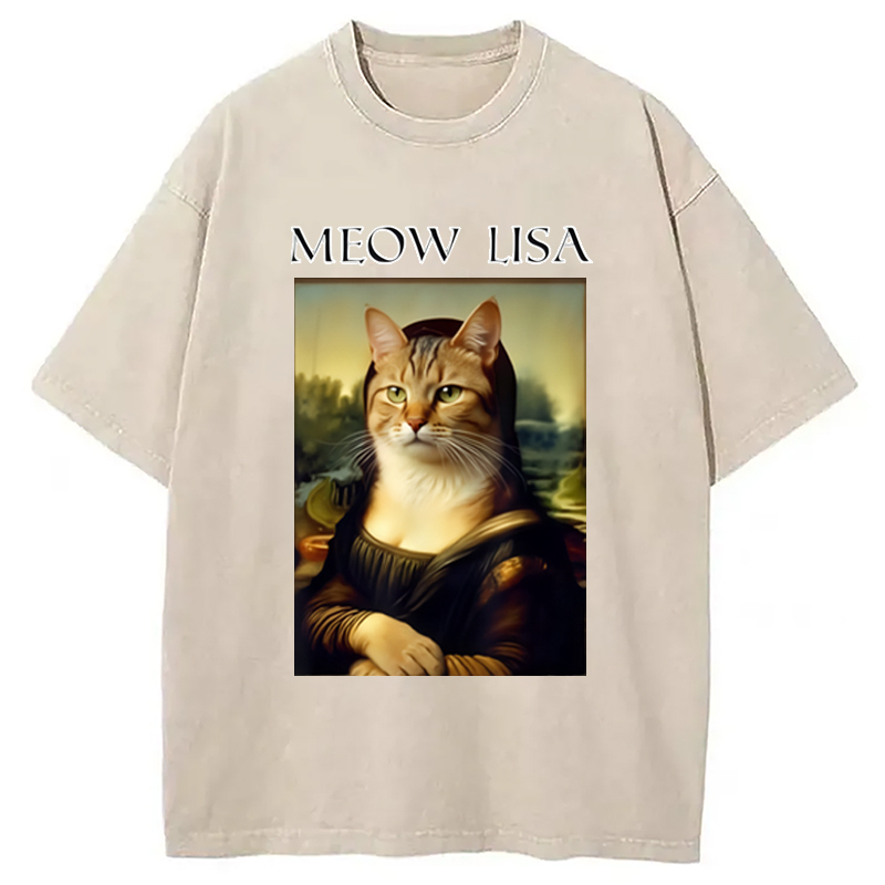 Meow Lisa Cat Washed T-Shirt Unisex Streetwear Graphic Style Gifts For Him