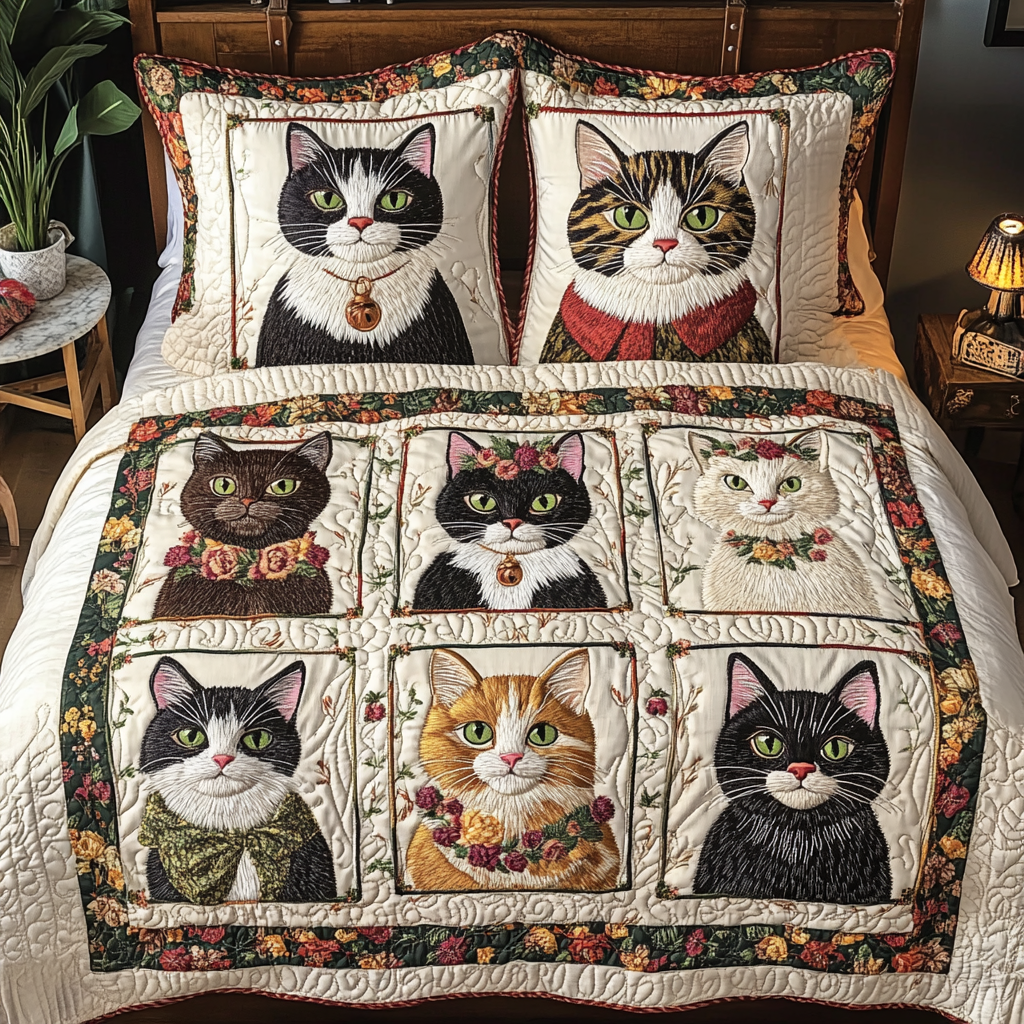 Meow Magic Quilted Bedding Set Aesthetic Room Decor Cat Owner Gifts For Christmas