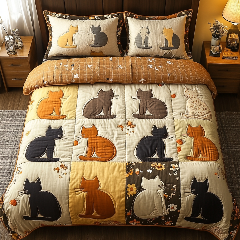 Meow Magic Quilted Bedding Set Cozy Bedroom Decor Cat Owner Gifts For Christmas