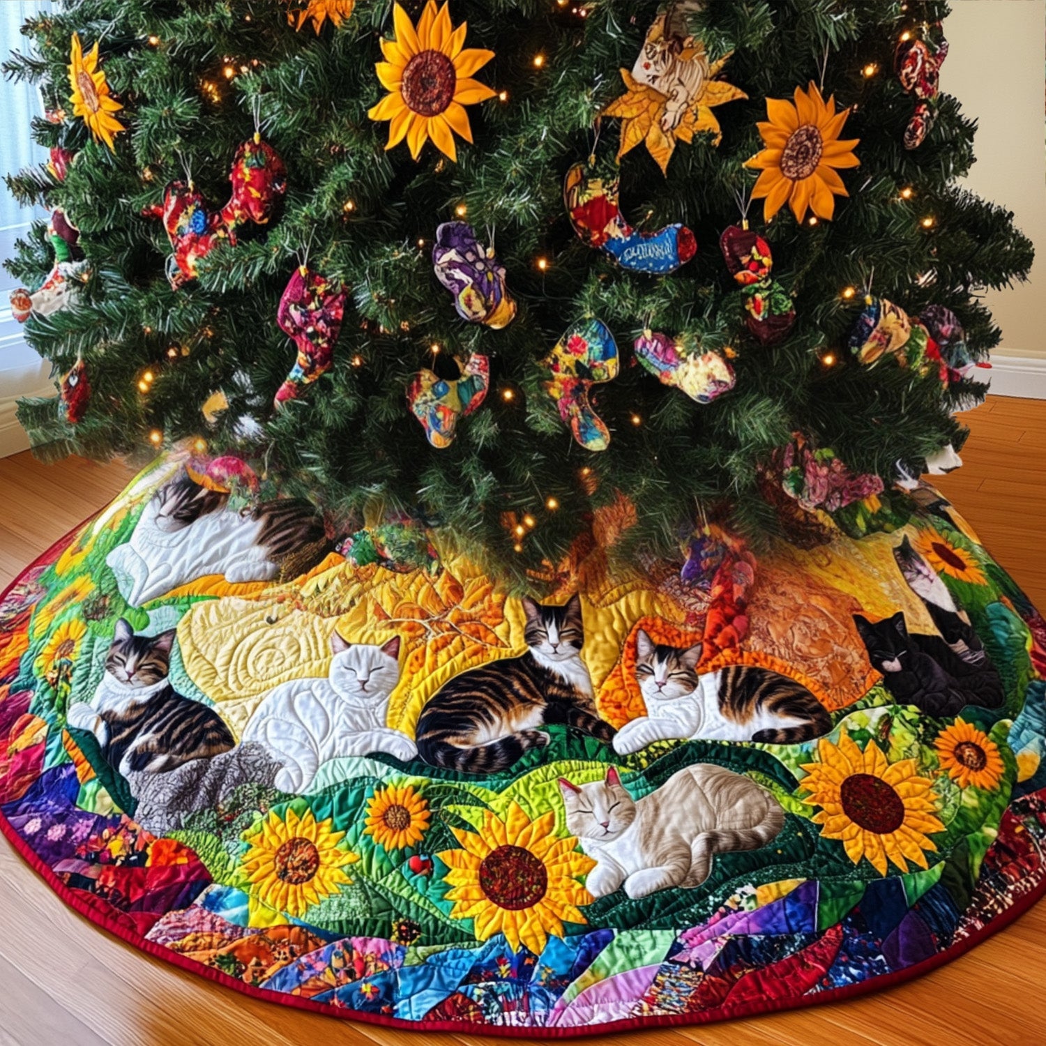 Meow Magic Quilted Christmas Tree Skirt Family Holiday Gathering Decor