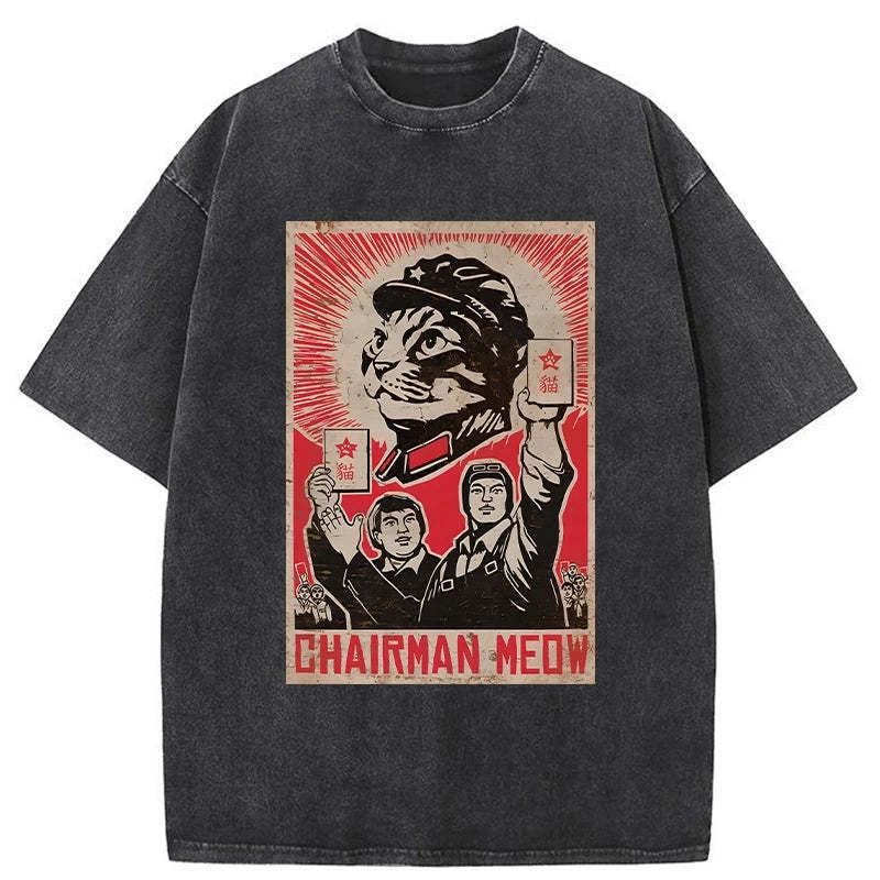Meow Mao Cat Meme Washed T-Shirt Retro Humor Graphic Top Gifts For Him