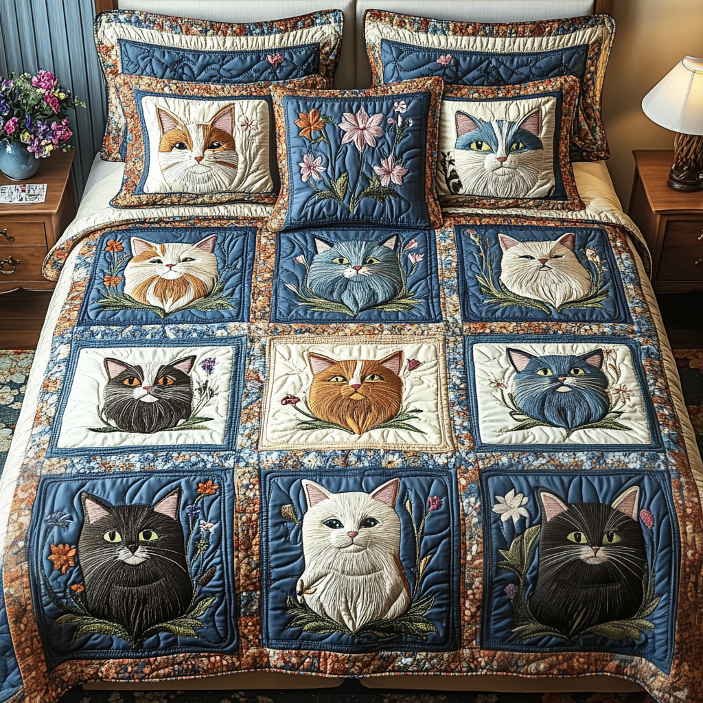 Meow Meadow Quilted Bedding Set Bedroom Decorations Cool Gifts For Cat Owners