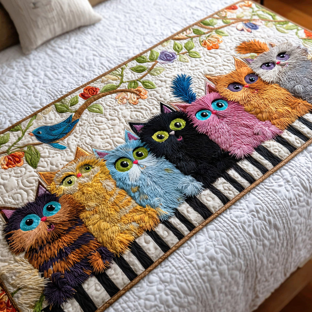 Meow Parade Quilted Bed Runner Bedroom Decor Ideas Cat Lovers Owners Presents