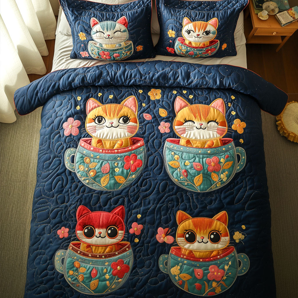 Meow Tea Party Quilted Bedding Set Aesthetic Room Decor Cat Gifts For Him Her